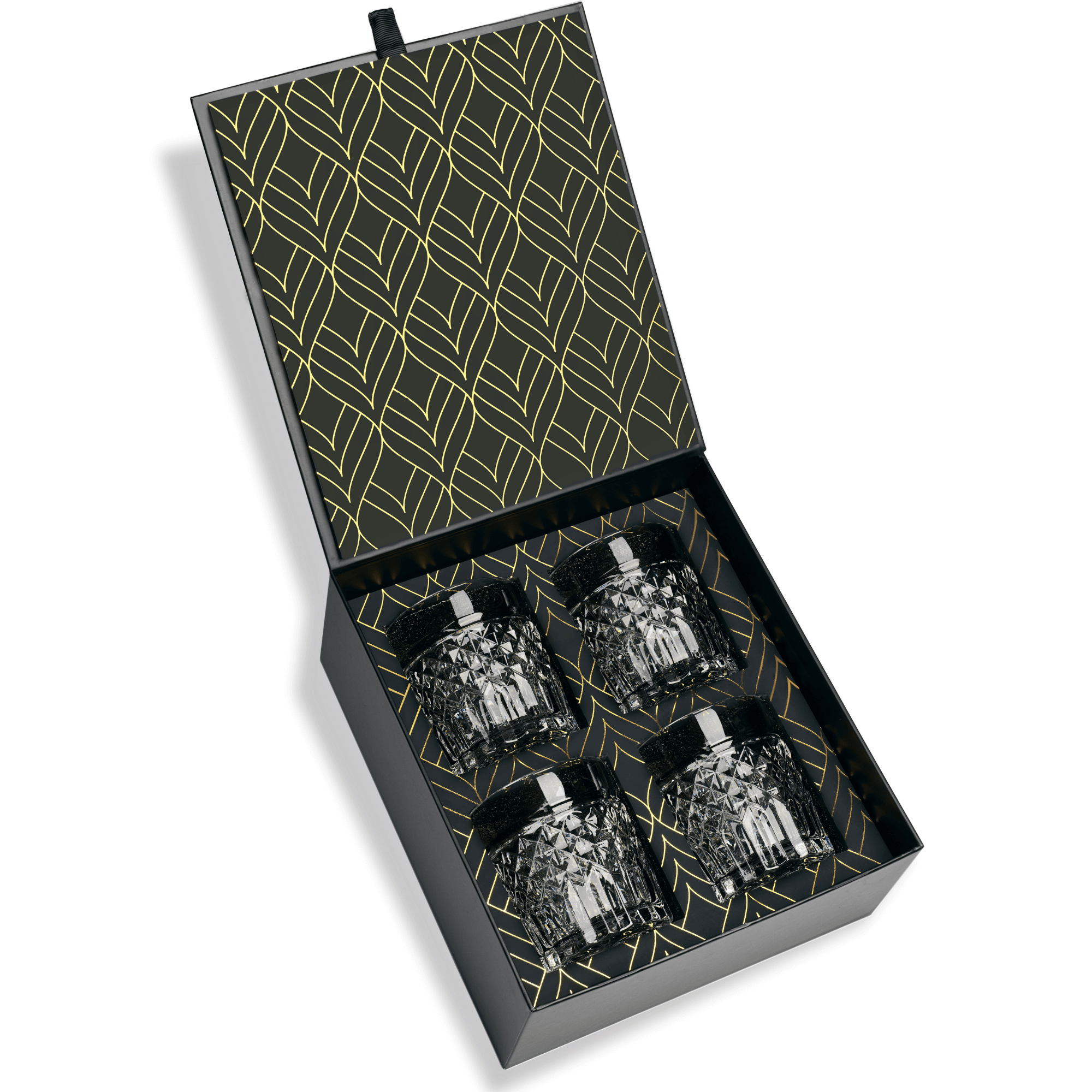 Elegant set of 4 whiskey glasses in a stylish gift box, perfect for cocktails and sophisticated whiskey glassware.