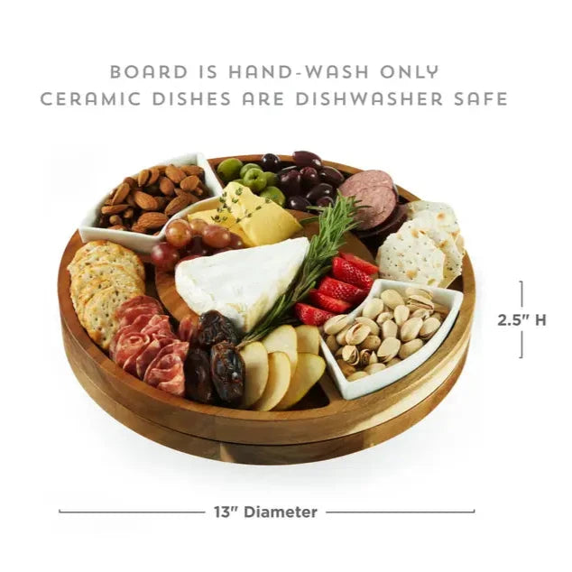 13" Rotating Acacia Charcuterie Board w/ 2 Ceramic Bowls