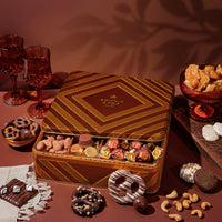Chocolate and Snack Assortment Gift Basket – Deluxe Gift Box with Gourmet Chocolate & Nut Assortment in Gold Tin