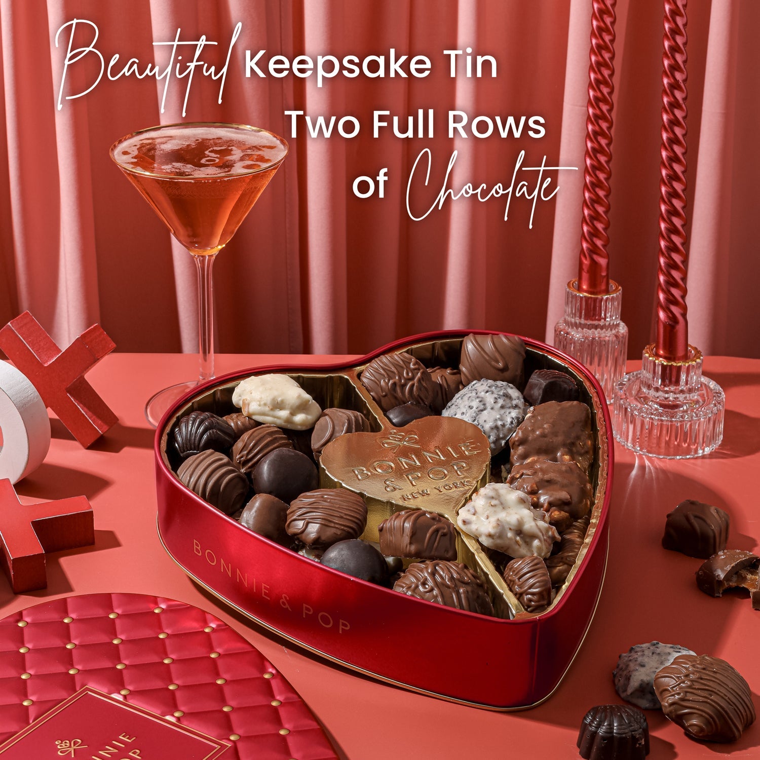 Heart-shaped red tin chocolate gift from Bonnie & Pop