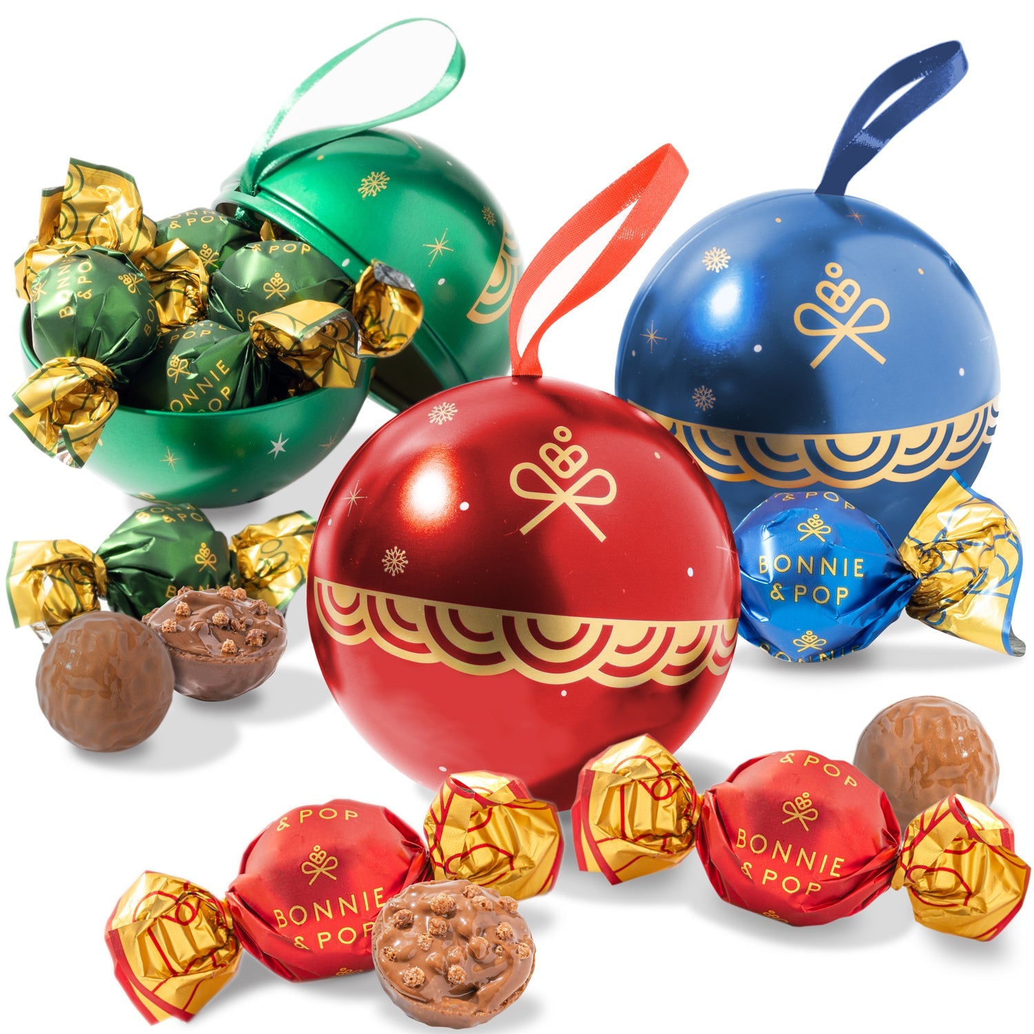 Festive Ornament Tins Filled with Gourmet Chocolate Bon Bons- Set of 3