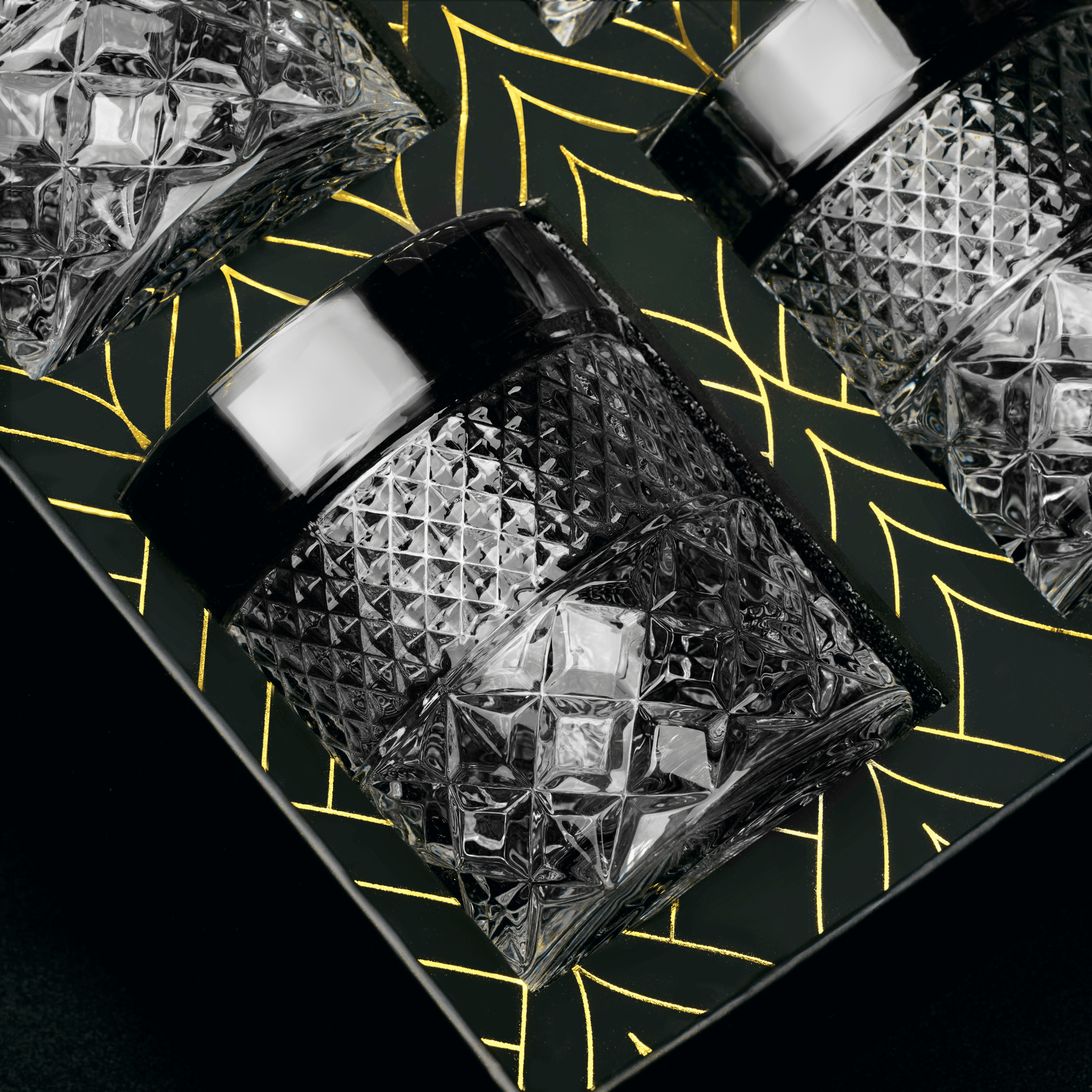 Elegant set of Admiral whiskey glasses set against a stylish geometric background, perfect for cocktails and spirits.