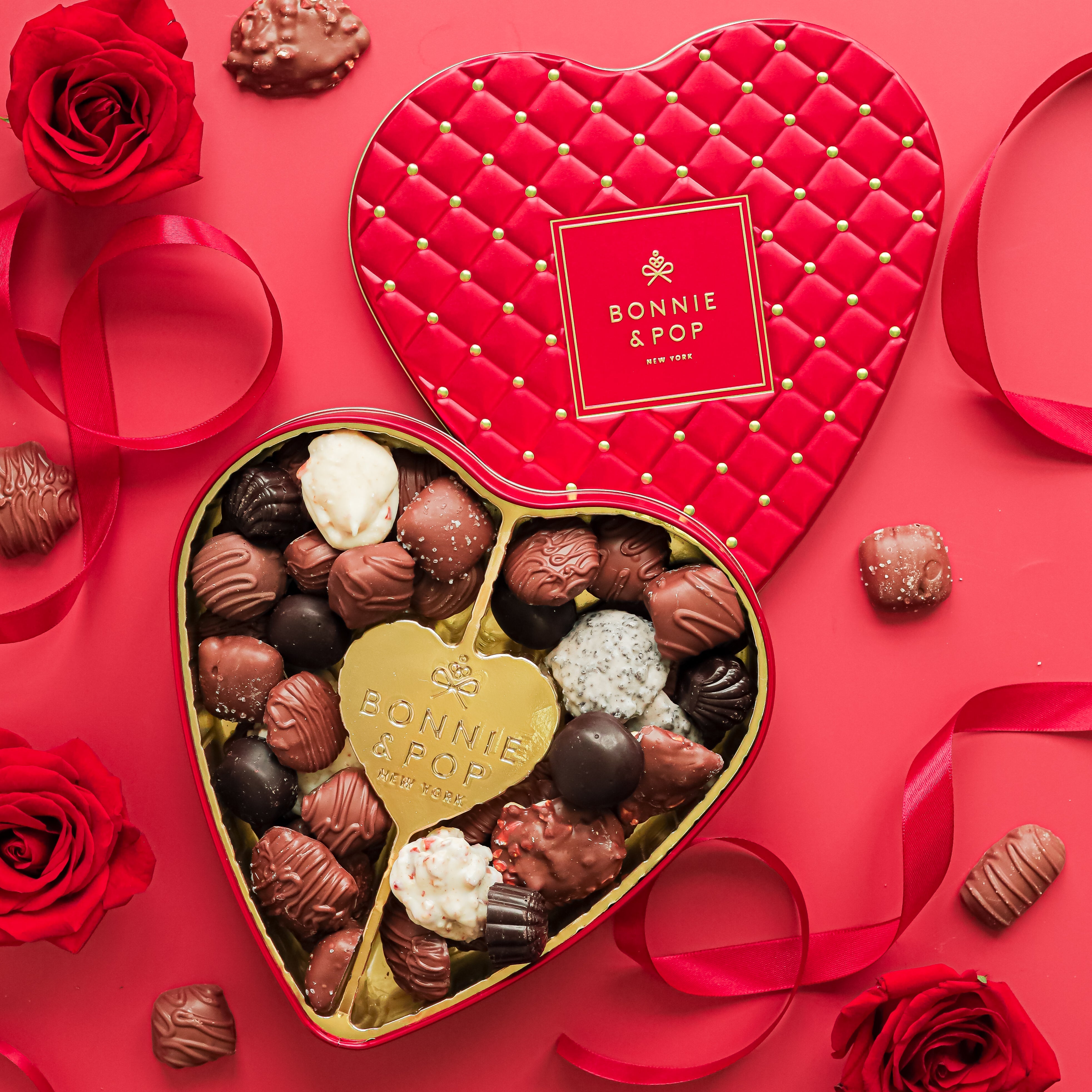 Heart-shaped red tin chocolate gift from Bonnie & Pop
