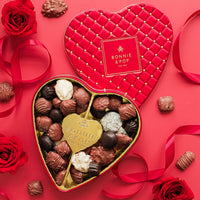 Heart-shaped red tin chocolate gift from Bonnie & Pop