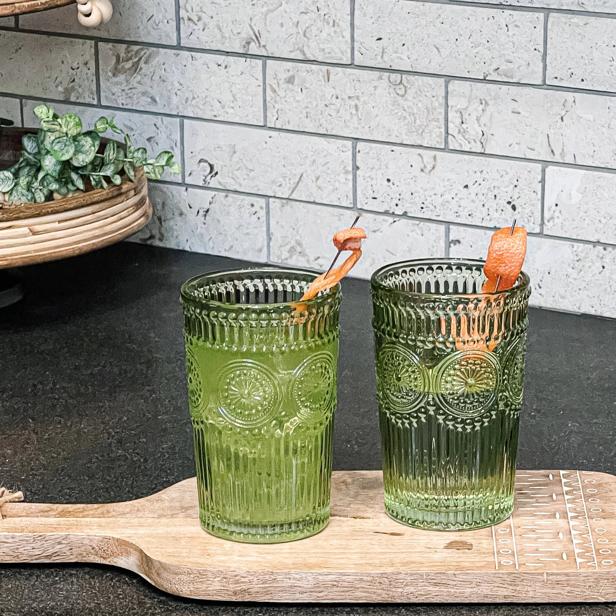 Vintage Textured Sage Green Drinking Glasses (Set of 6)