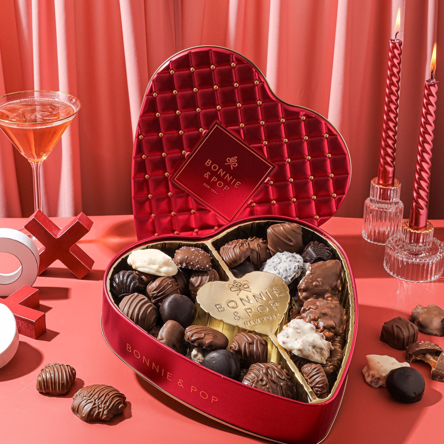 Heart-shaped red tin chocolate gift from Bonnie & Pop