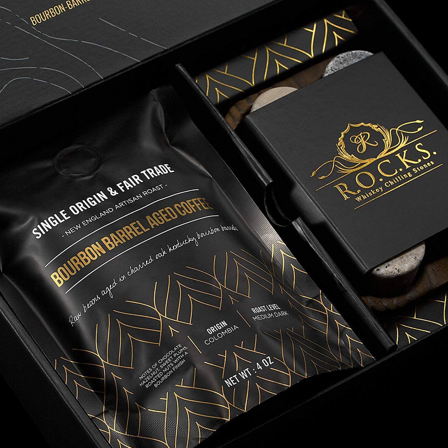 The Gourmet Set featuring Bourbon Barrel Aged Coffee and whiskey chilling stones, perfect for gifts and home barware.