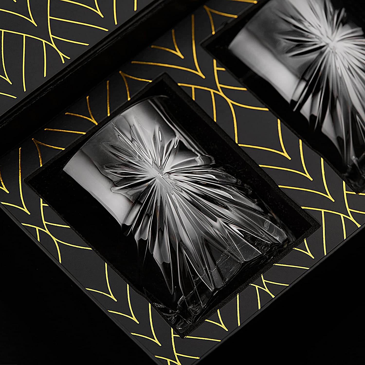 Elegant Soleil Glass Edition whiskey tumblers in luxurious packaging, perfect for barware and corporate gifting.