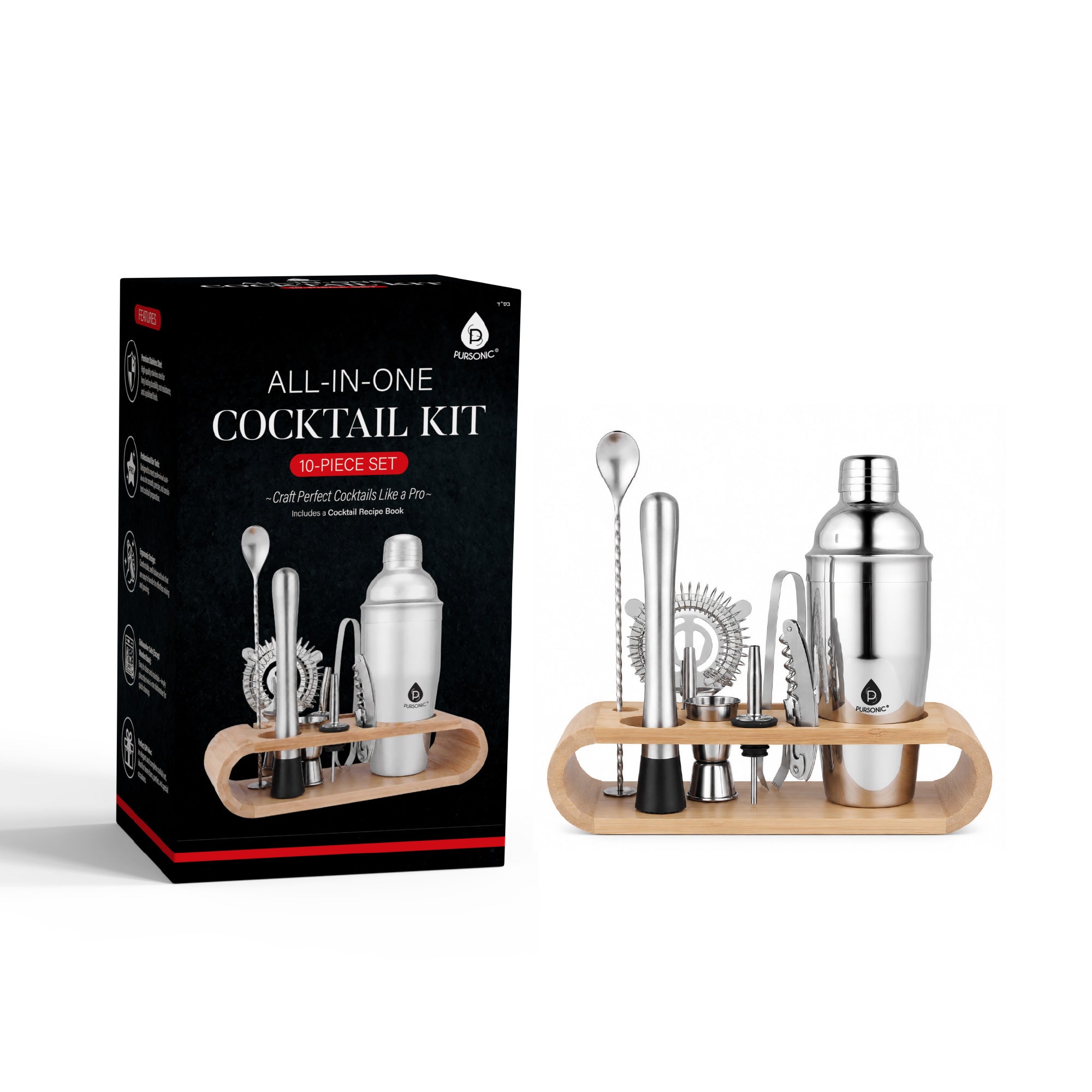 All-in-One Cocktail Kit – 10-Piece Bartender Set with Wooden Stand