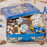 Blue Snowflake Holiday Tin with Gourmet Chocolates, Nuts & Cookies
