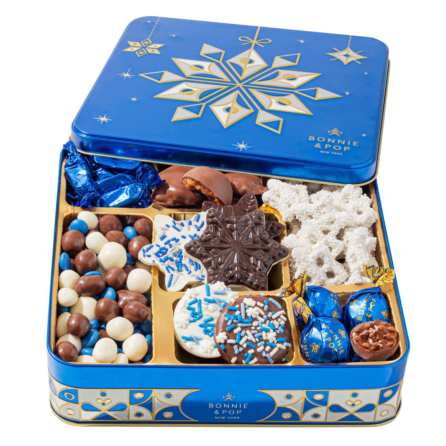 Blue Snowflake Holiday Tin with Gourmet Chocolates, Nuts & Cookies