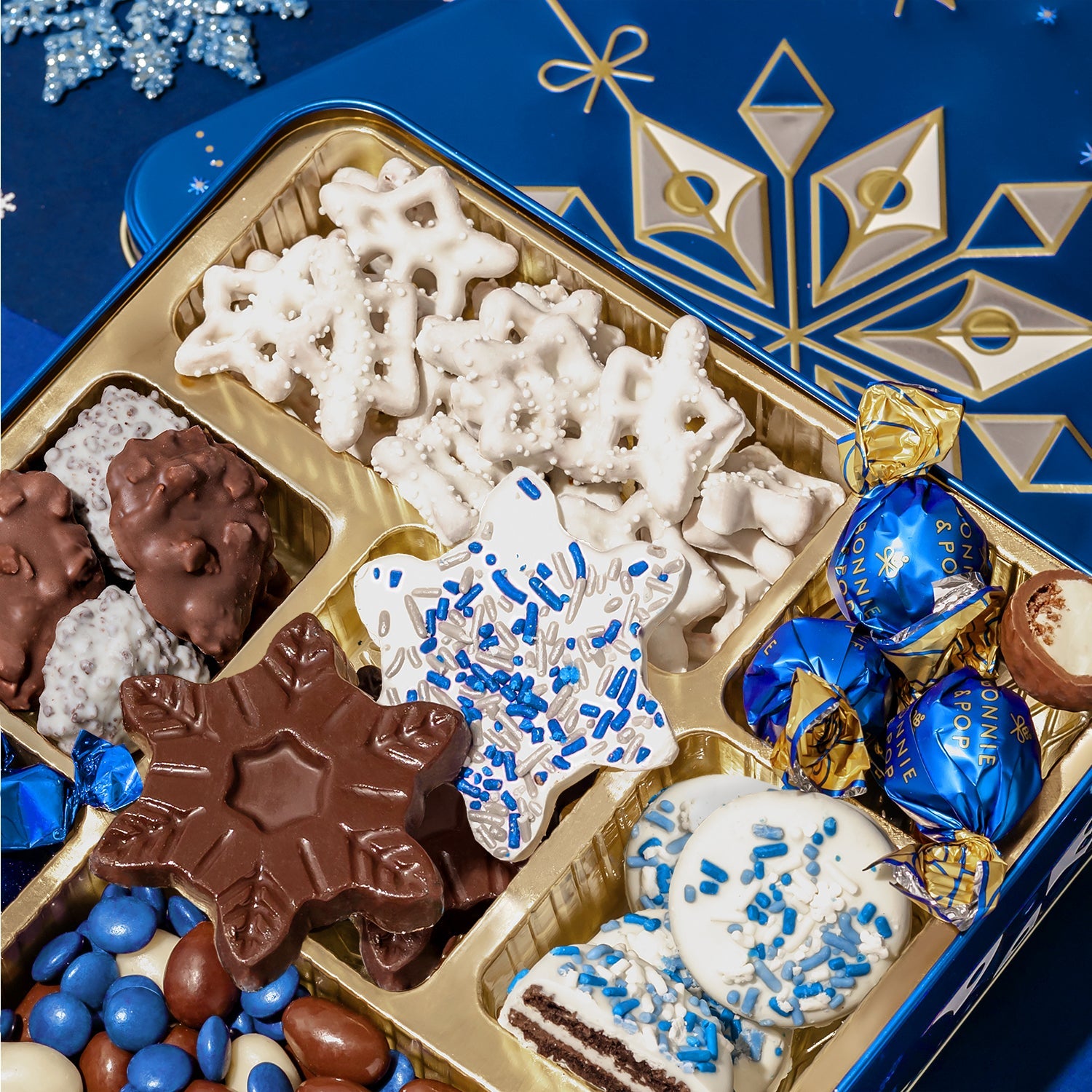 Blue Snowflake Holiday Tin with Gourmet Chocolates, Nuts & Cookies