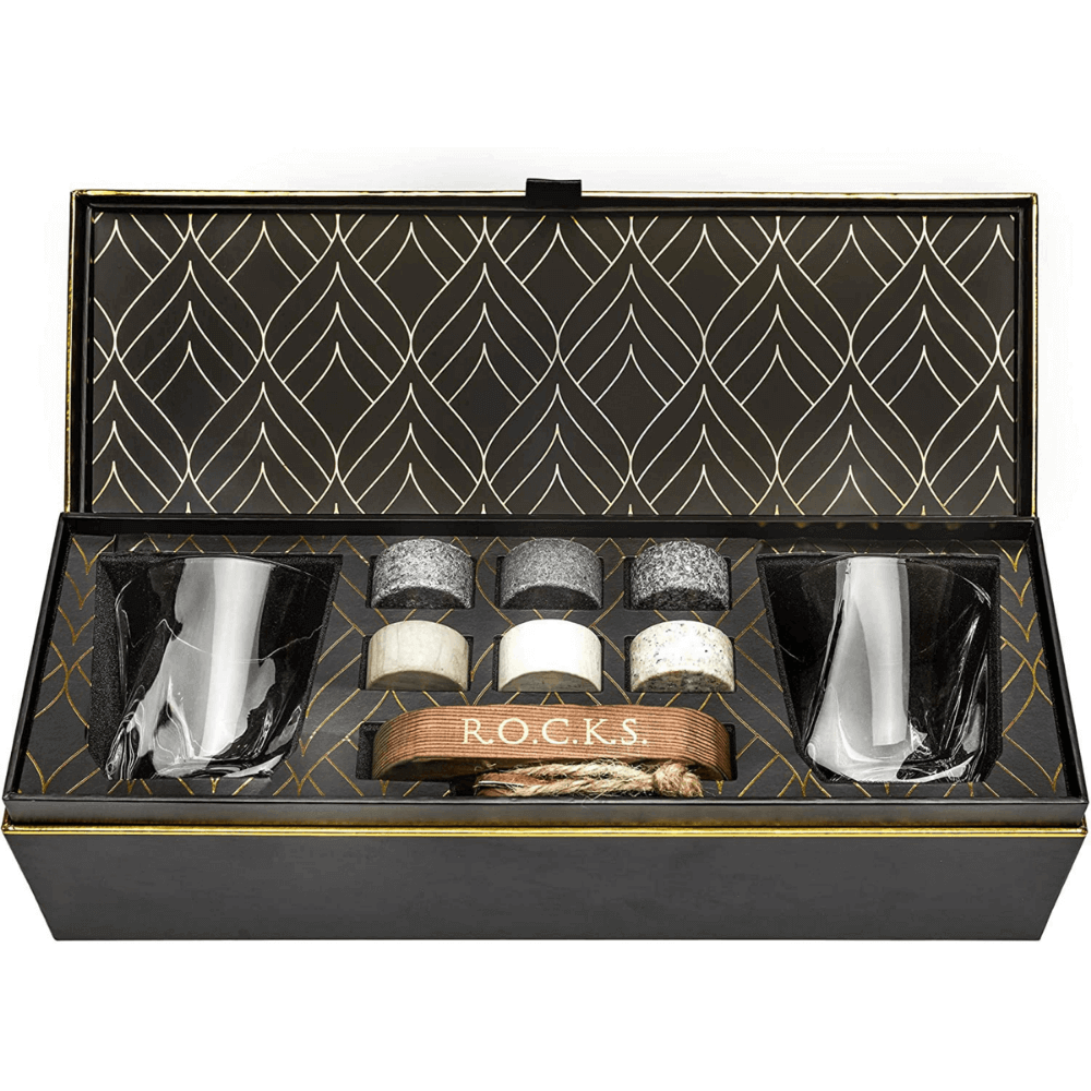 The Connoisseur's Set Twist Glass Edition gift box with whiskey glasses and chilling stones for a refined drinking experience.