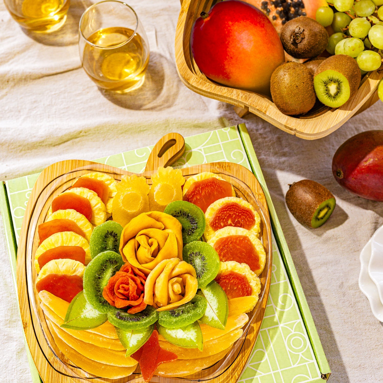 Dried Fruit Gift Basket with Wooden Tray – Exotic, Healthy Fruit Variety