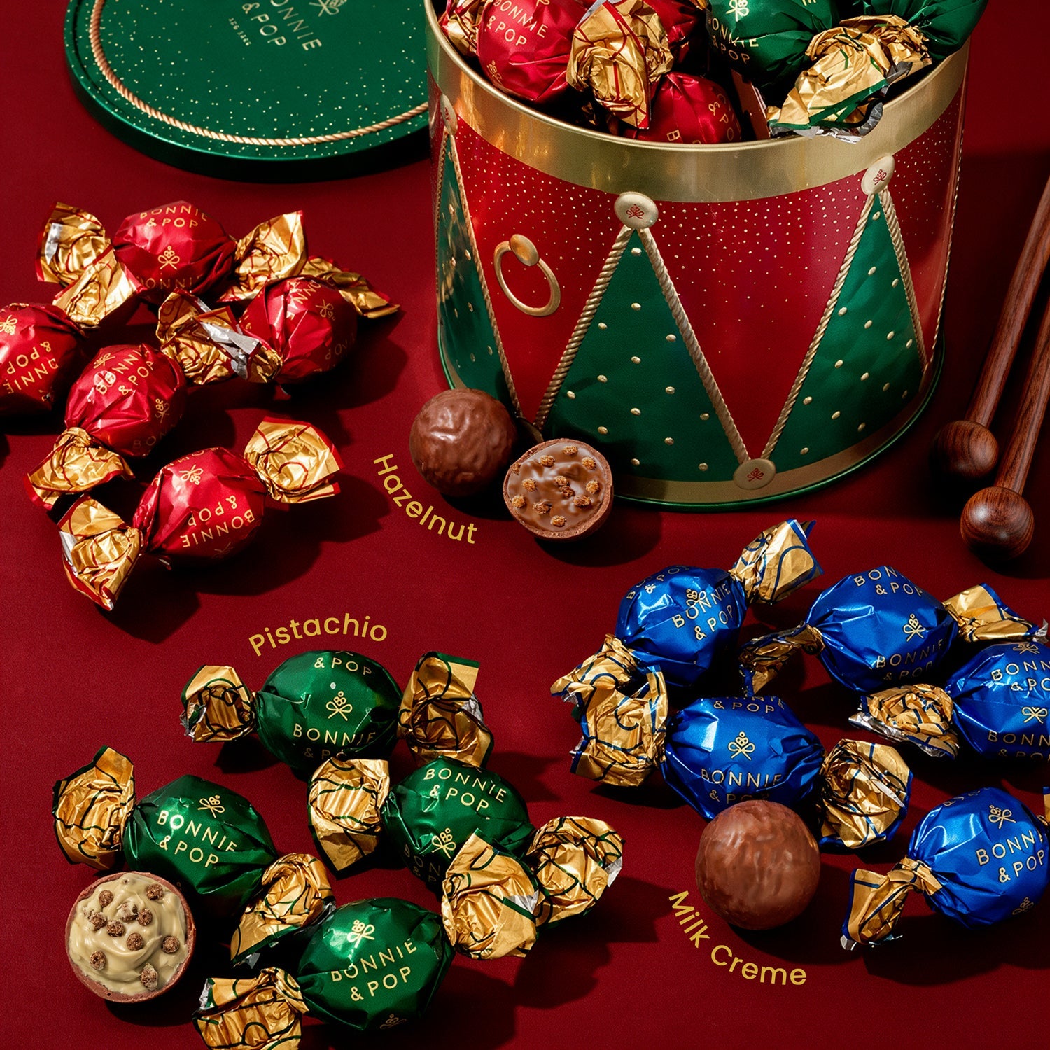 Christmas Chocolate Bon Bons Gift Tin – Hazelnut, Milk & Pistachio