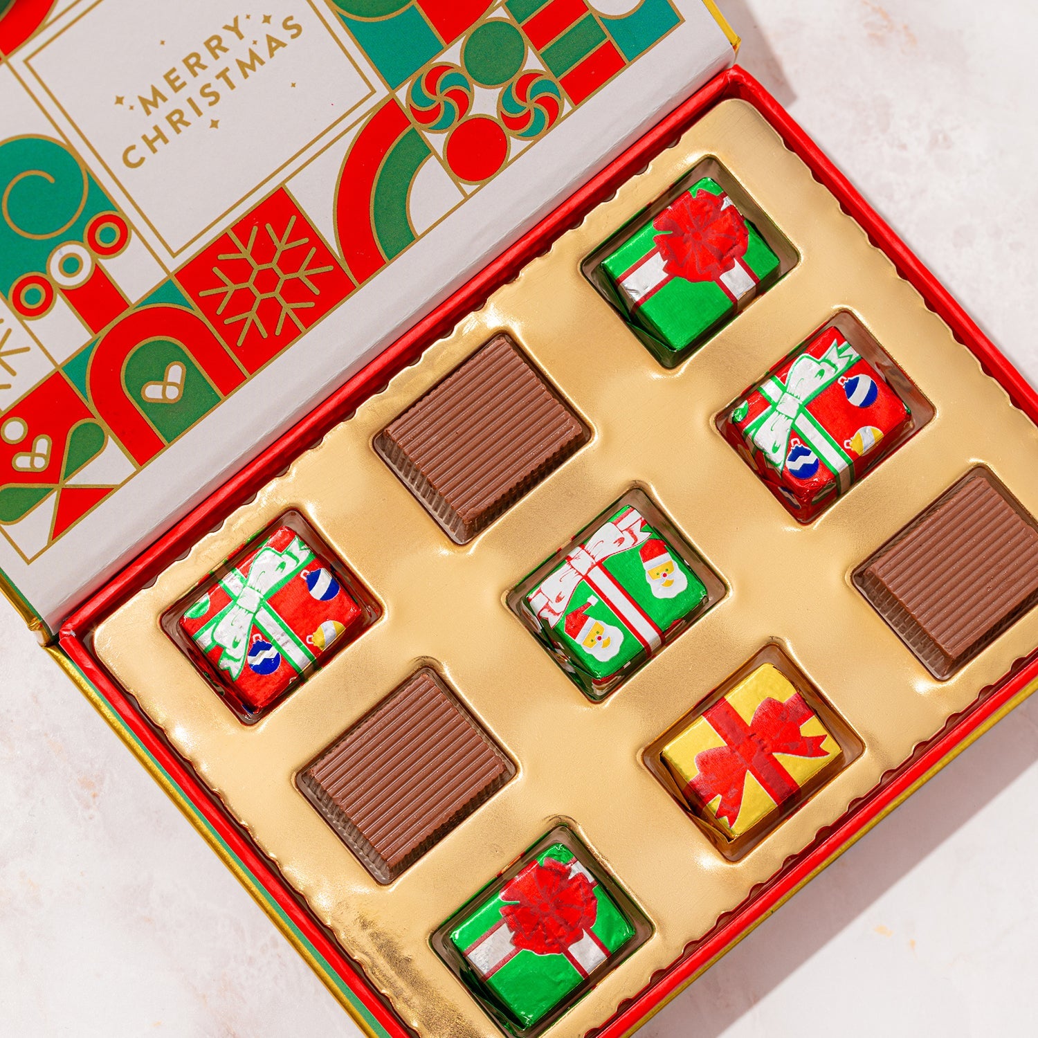 Merry Christmas Holiday Greetings Card with Foiled Chocolate Gift Boxes