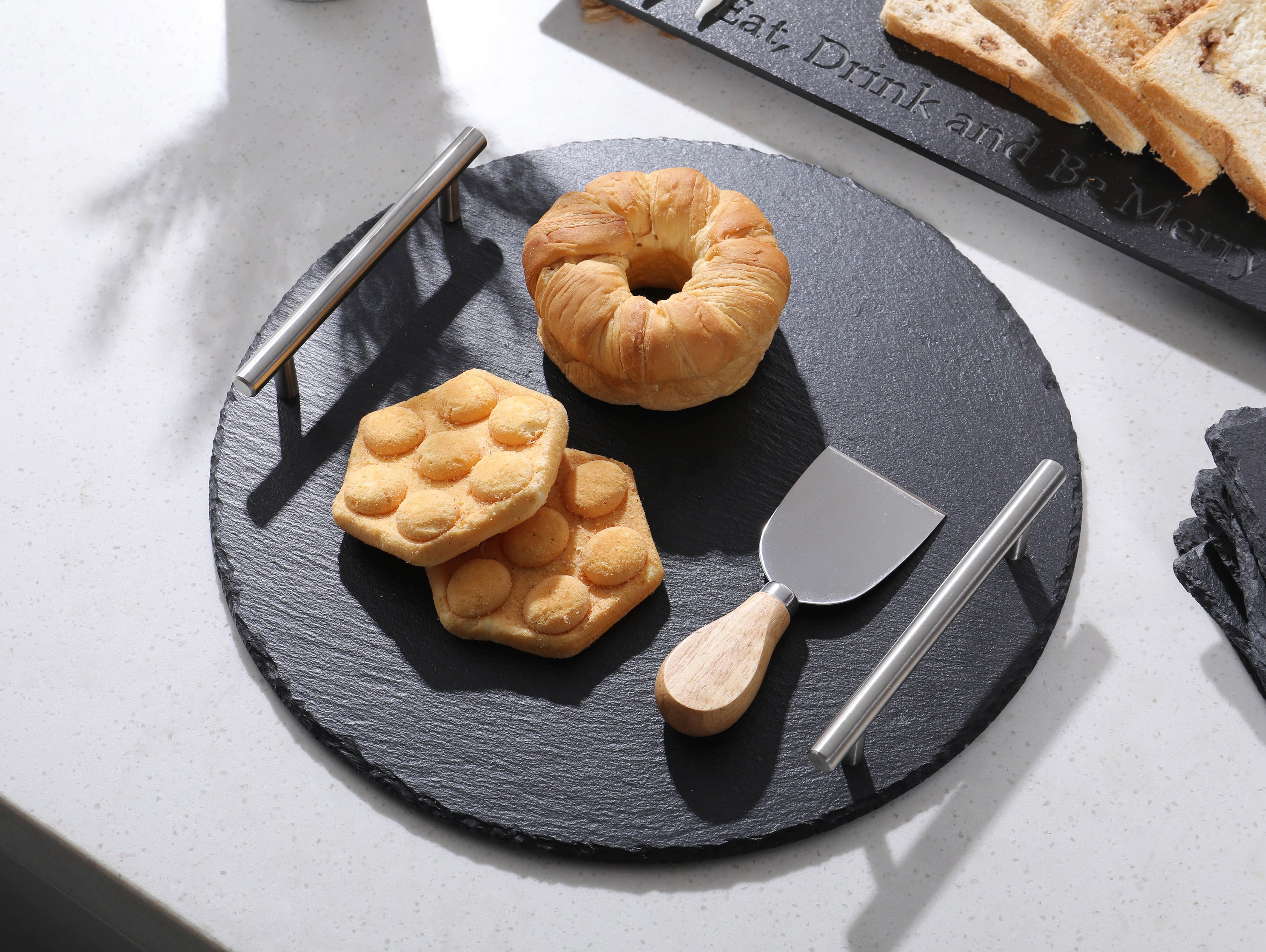 Round Slate Stone Serving Tray with stainless steel Handles kit