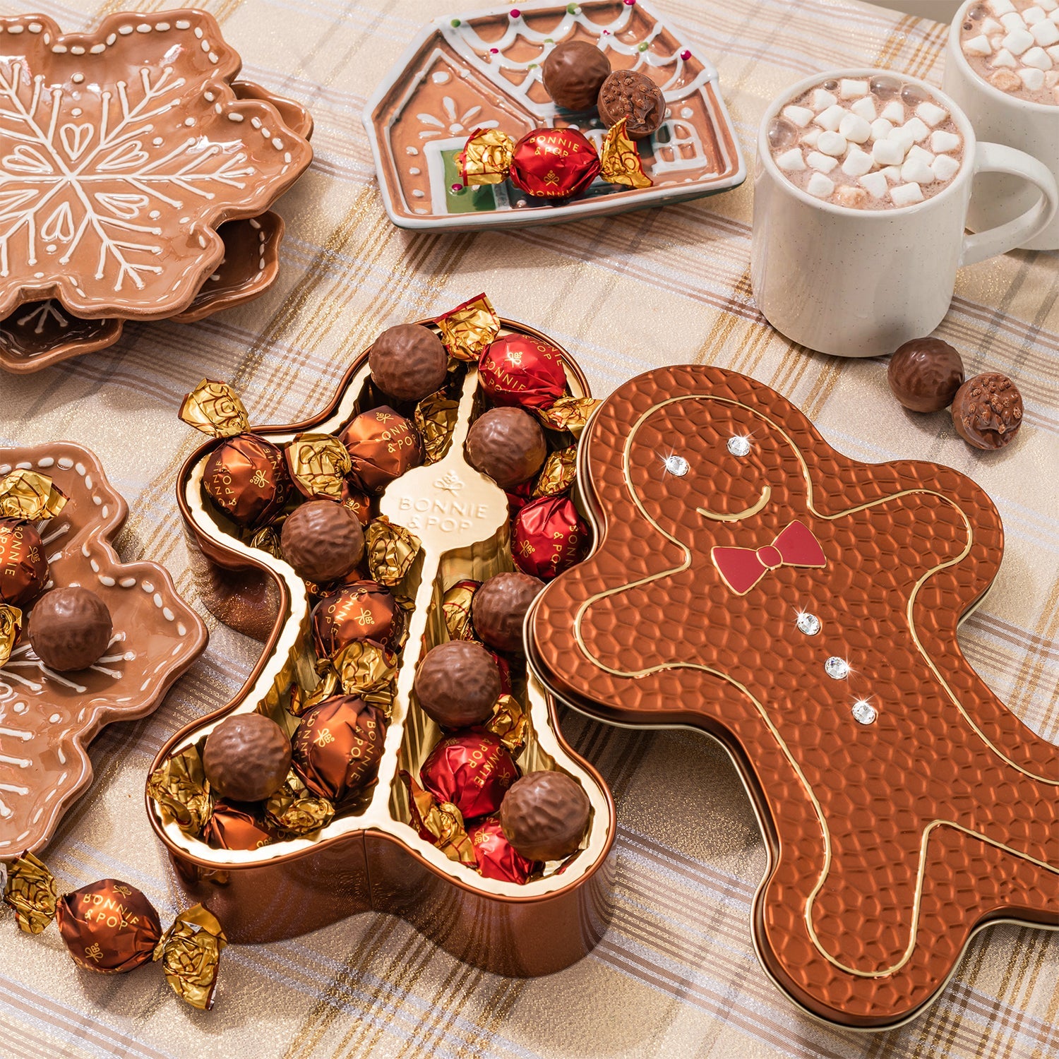 Gold Gingerbread Tin Filled with Festive Red & Gold Bon Bons