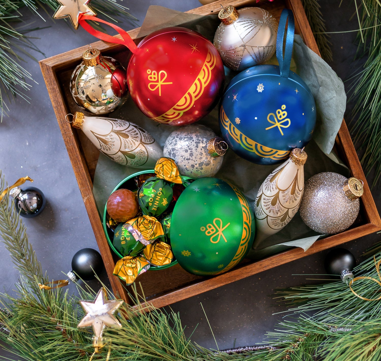 Festive Ornament Tins Filled with Gourmet Chocolate Bon Bons- Set of 3