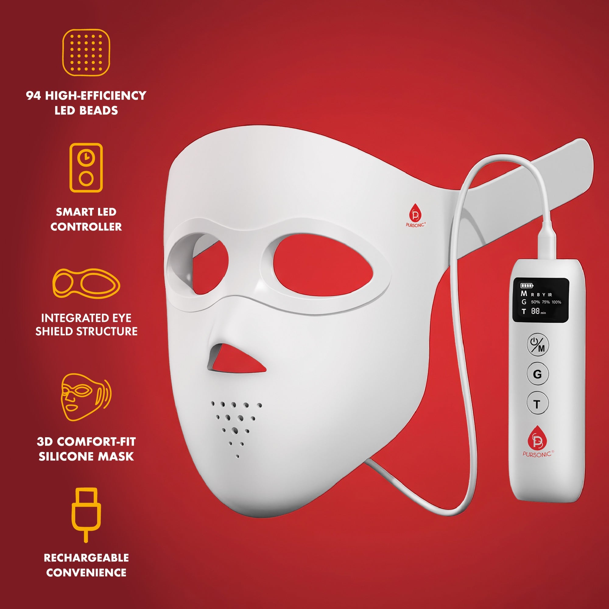 Pursonic 3D Soft-Silicone LED Light Therapy Mask with Smart Controller