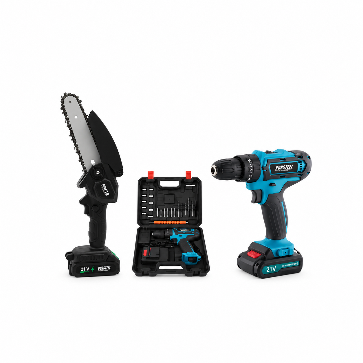 21V Cordless Power Tool Bundle – 24-Piece Drill Set & 6-Inch Mini Chainsaw