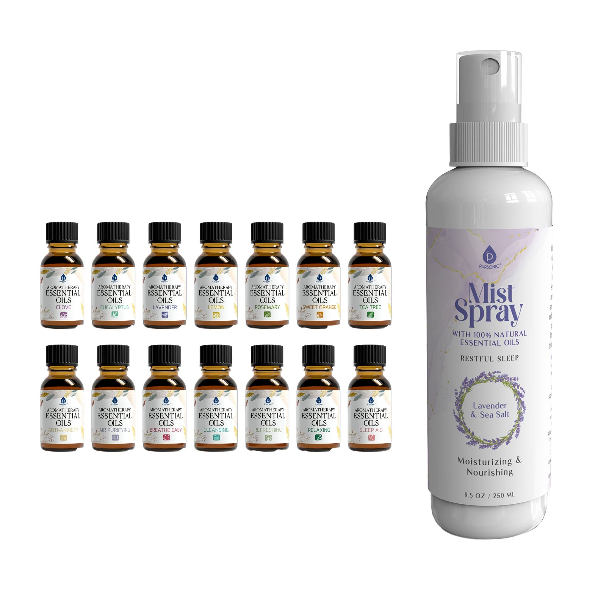 Pursonic Lavender & Sea Salt Mist Spray + 14-Pack Essential Oil Gift Set for Aromatherapy & Wellness