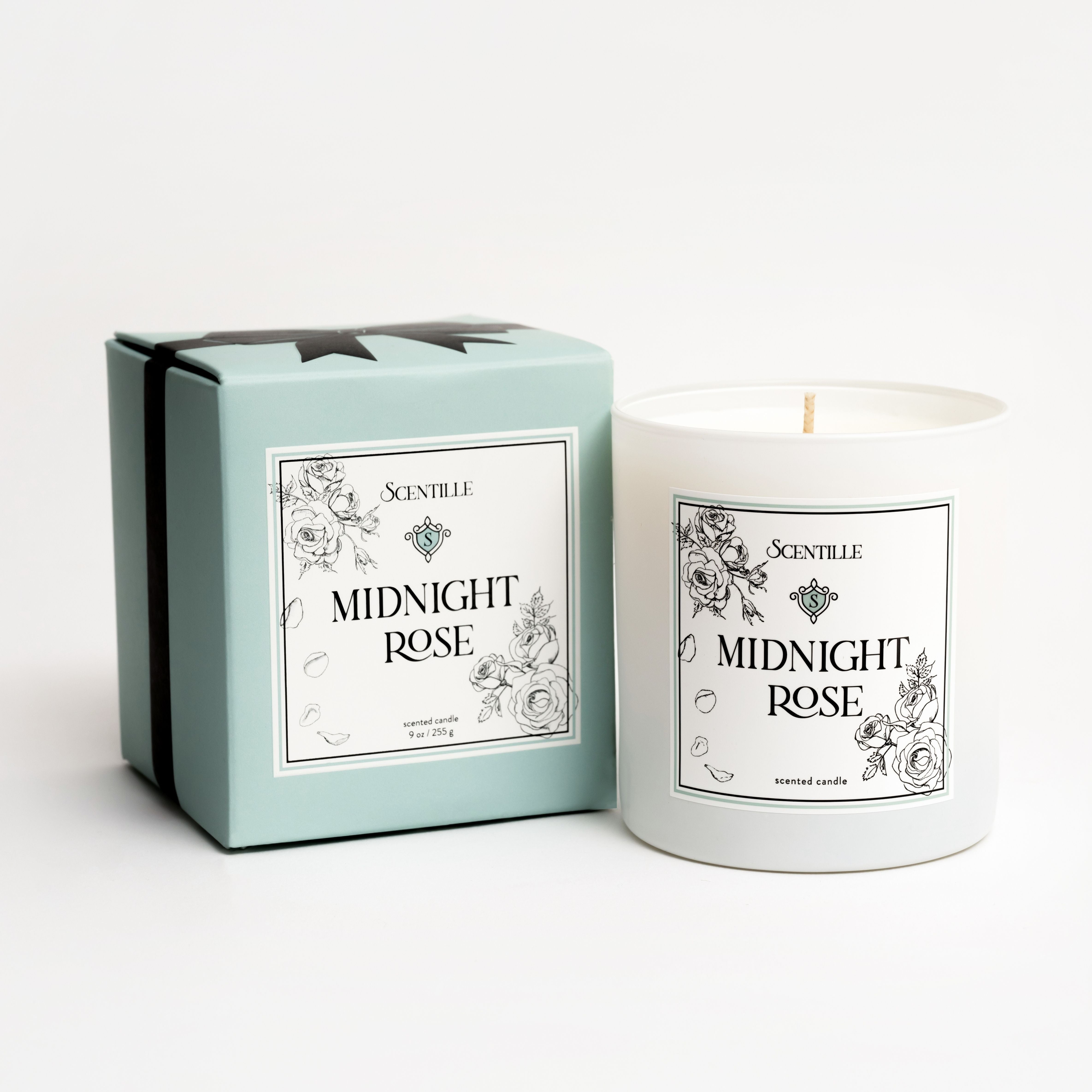Scentille Midnight Rose candle and packaging on a white background