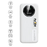 Pursonic 10,000mAh LED Fast Charging Power Bank – Built-in Cables, 22.5W Output, Type-C/USB/Lightning Compatibility
