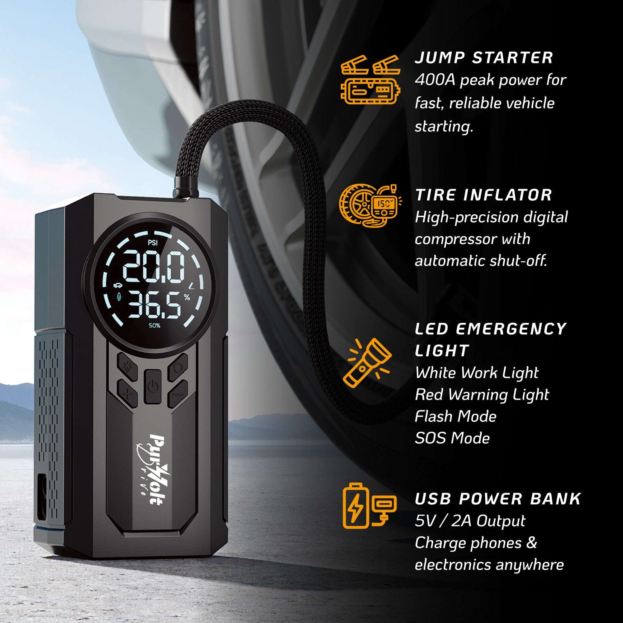 2-in-1 Car Jump Starter & Tire Inflator, 400A Peak Battery Booster for 12V Vehicles, 150 PSI Air Compressor with Digital Display, Portable Power Bank, LED Emergency Light