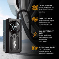 2-in-1 Car Jump Starter & Tire Inflator, 400A Peak Battery Booster for 12V Vehicles, 150 PSI Air Compressor with Digital Display, Portable Power Bank, LED Emergency Light