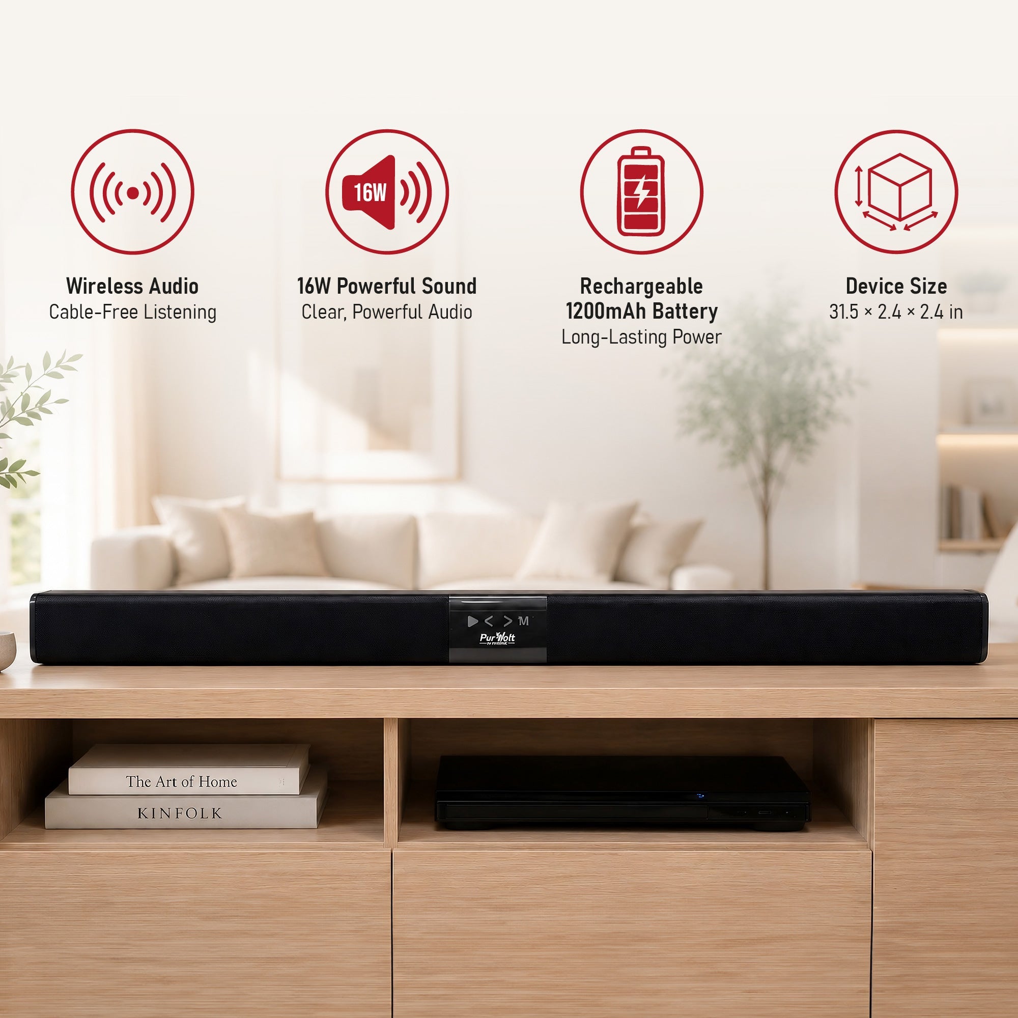 PurVolt 31.5" Wireless TV Sound Bar with 16W Stereo Sound, Rechargeable Battery, USB, TF Card & AUX