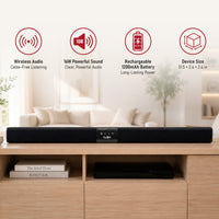 PurVolt 31.5" Wireless TV Sound Bar with 16W Stereo Sound, Rechargeable Battery, USB, TF Card & AUX