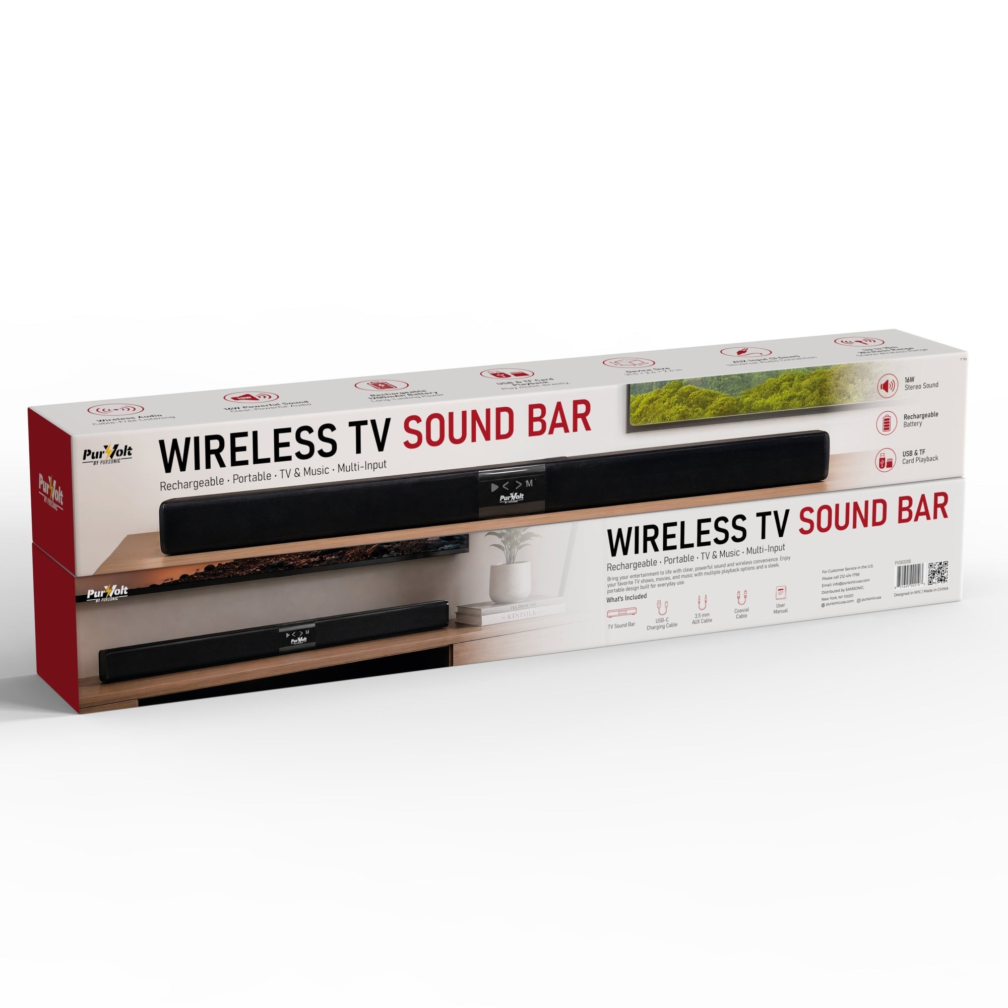 PurVolt 31.5" Wireless TV Sound Bar with 16W Stereo Sound, Rechargeable Battery, USB, TF Card & AUX