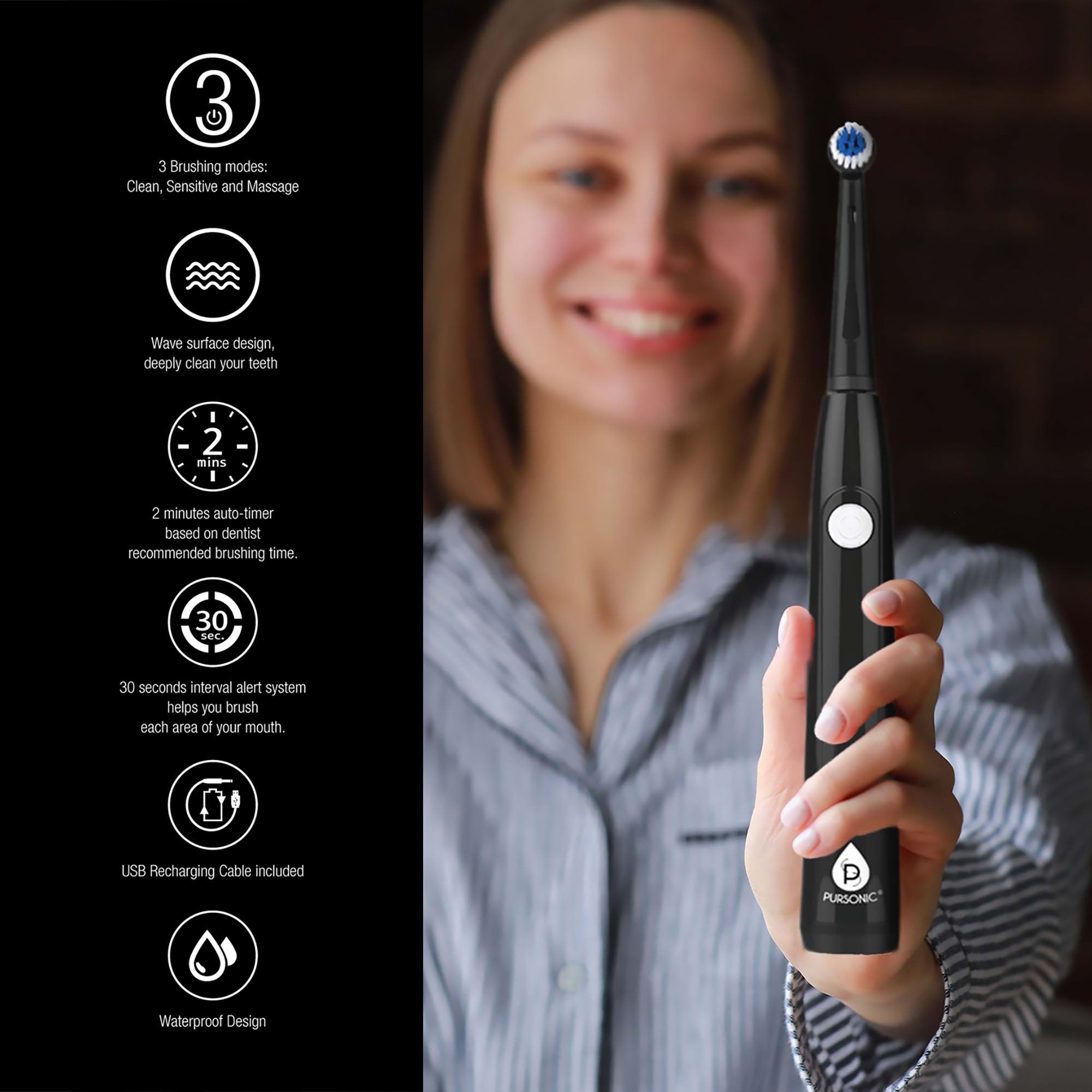 Him’s and Her’s Pursonic USB Rechargeable Rotary Toothbrush Bundle with 6 Brush Heads and UV Sanitizer Design
