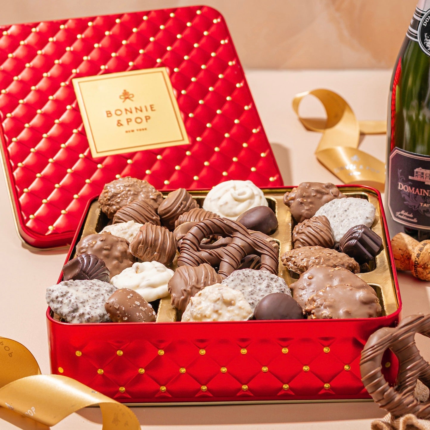 Chocolate Gift – Gourmet Tin with Assorted Chocolates & Caramels in Red Tin