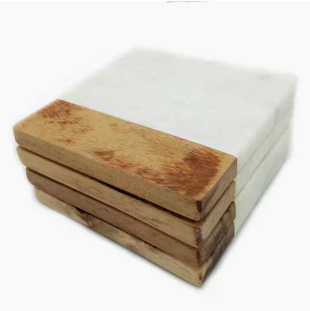 White Marble with Acacia Wood Coasters