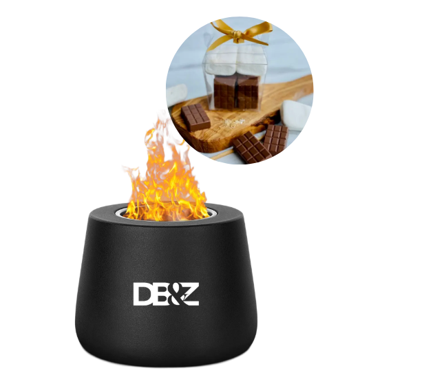 Black smores kit with fire pit and inset showing chocolate bars on a wooden board.