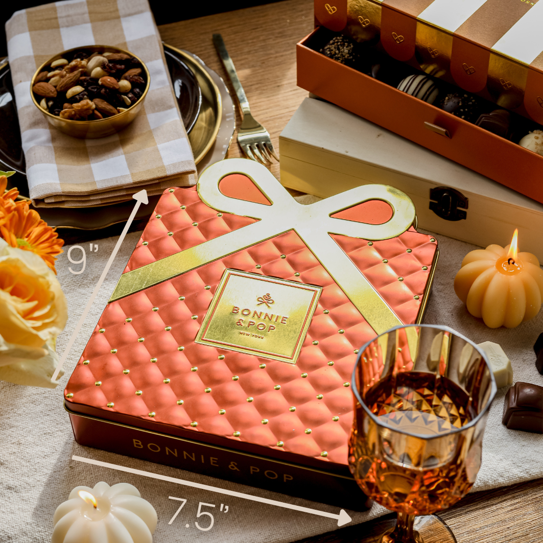 Gourmet Chocolate Gift Box – Elegant Bow Tin with Belgian Truffles - Copper