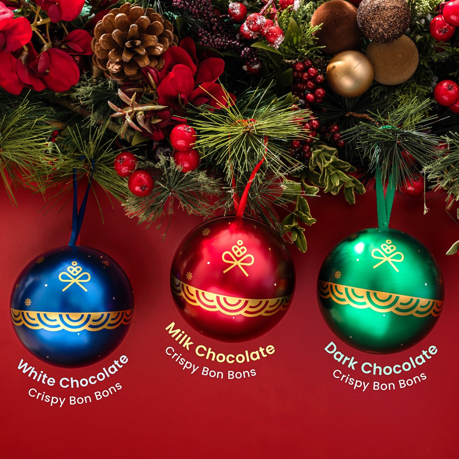 Festive Ornament Tins Filled with Gourmet Chocolate Bon Bons- Set of 3