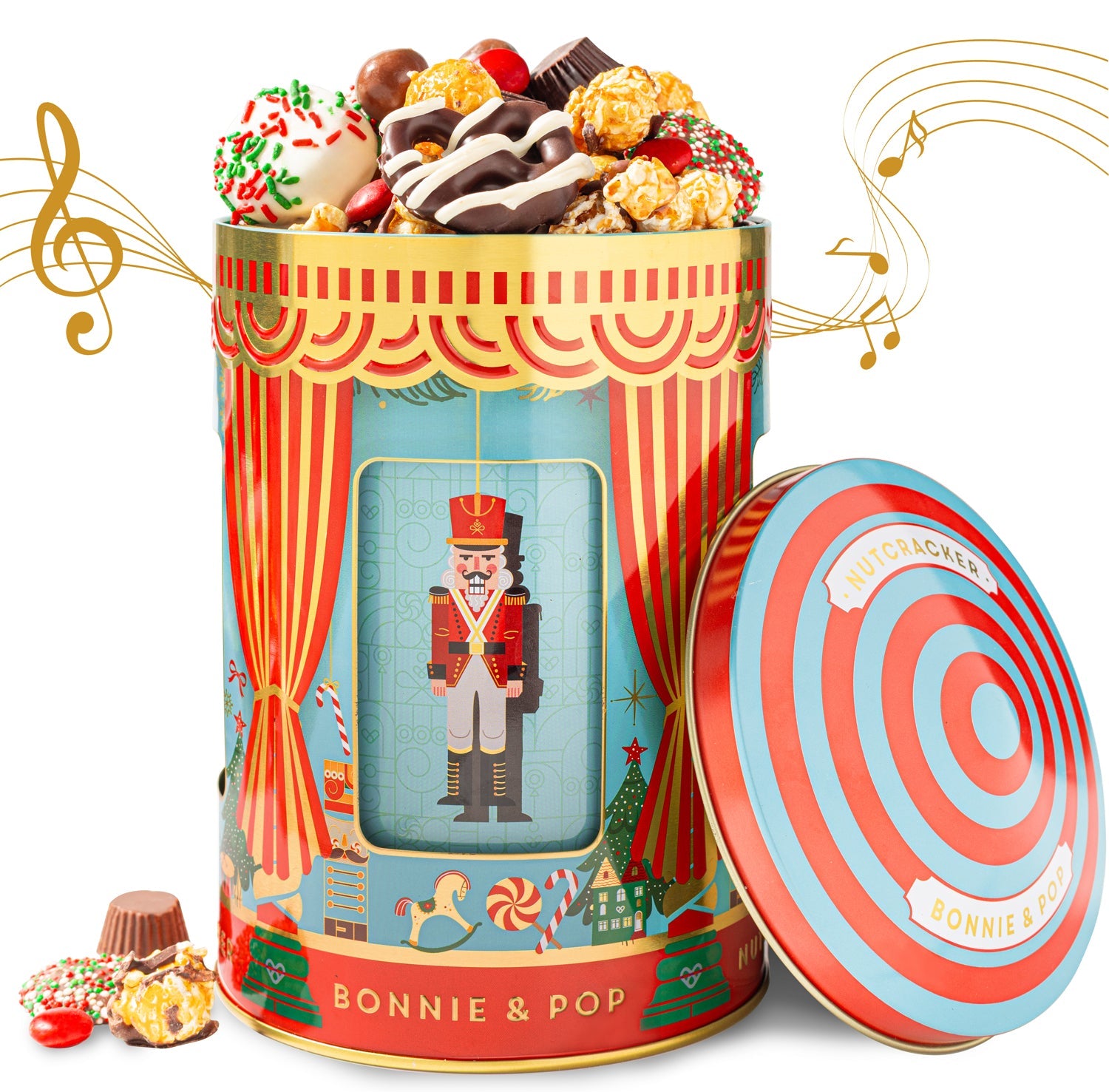 Decorative candy tin with a Nutcracker design and candy inside, featuring the brand 'Bonnie & Pop'.