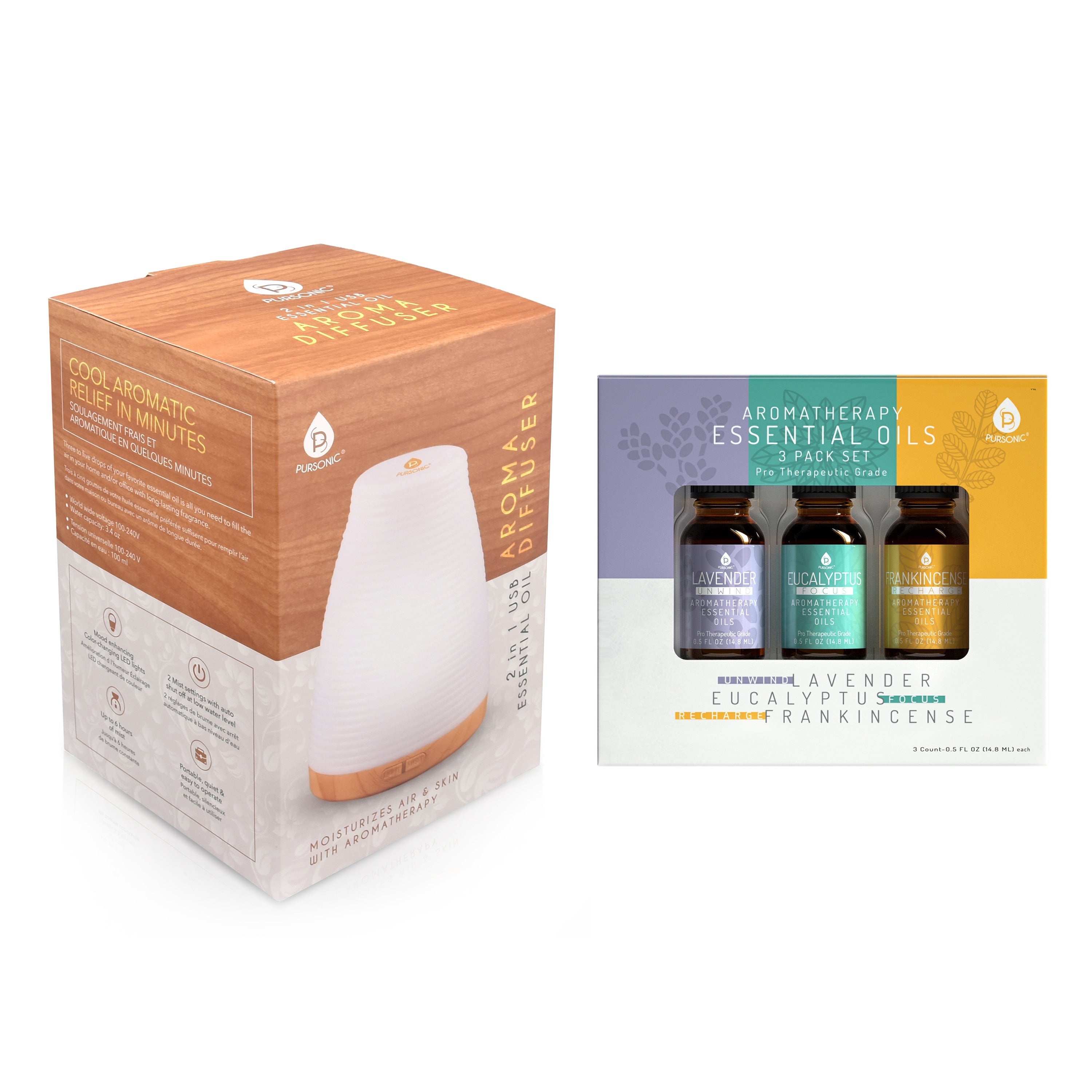 Aromatherapy 2 in 1 USB Diffuser & Essential Oil Set-Ultrasonic Top 3 Oils-300ml