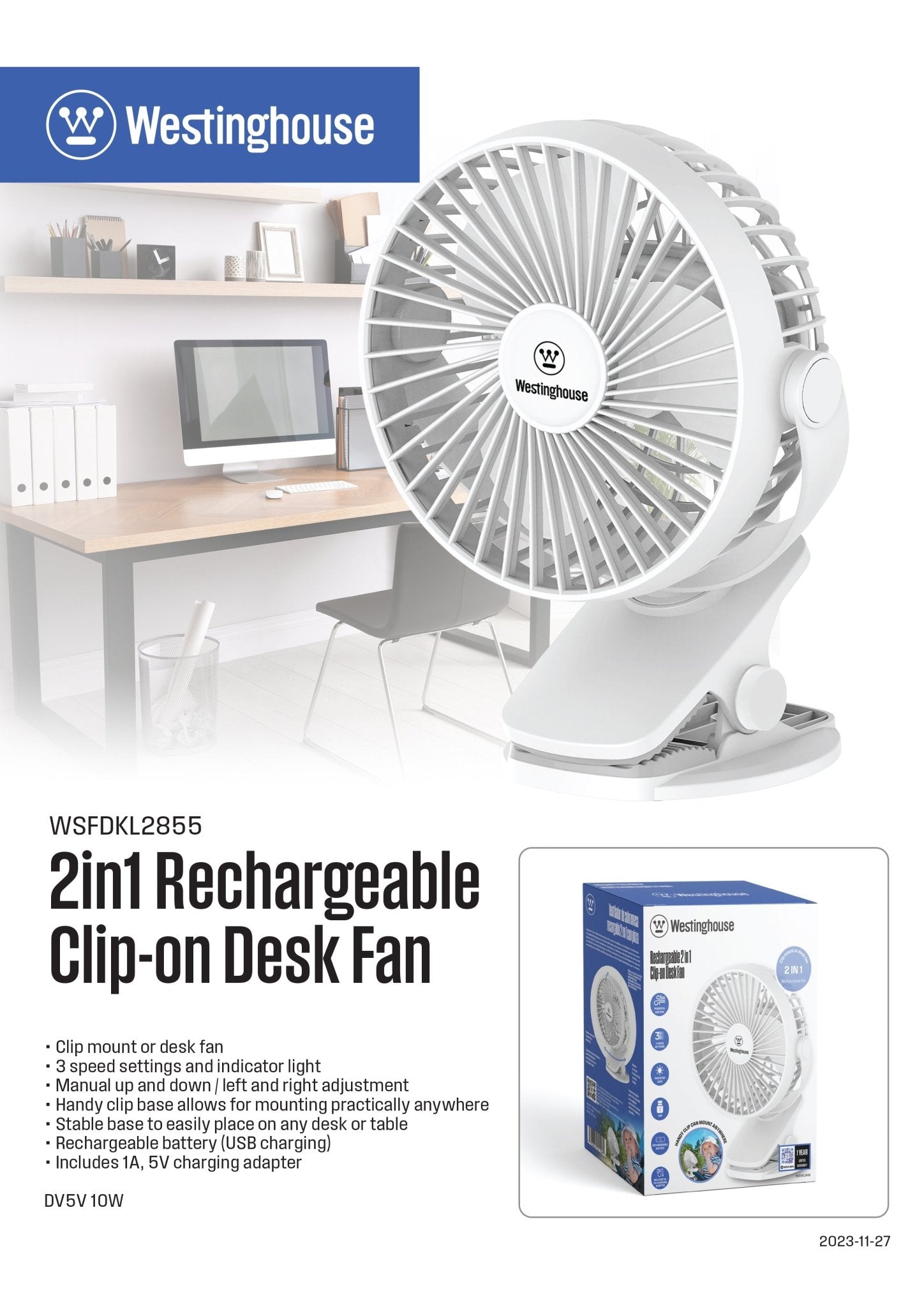 2-in-1 Rechargeable Clip/Table Fan + Adaptor