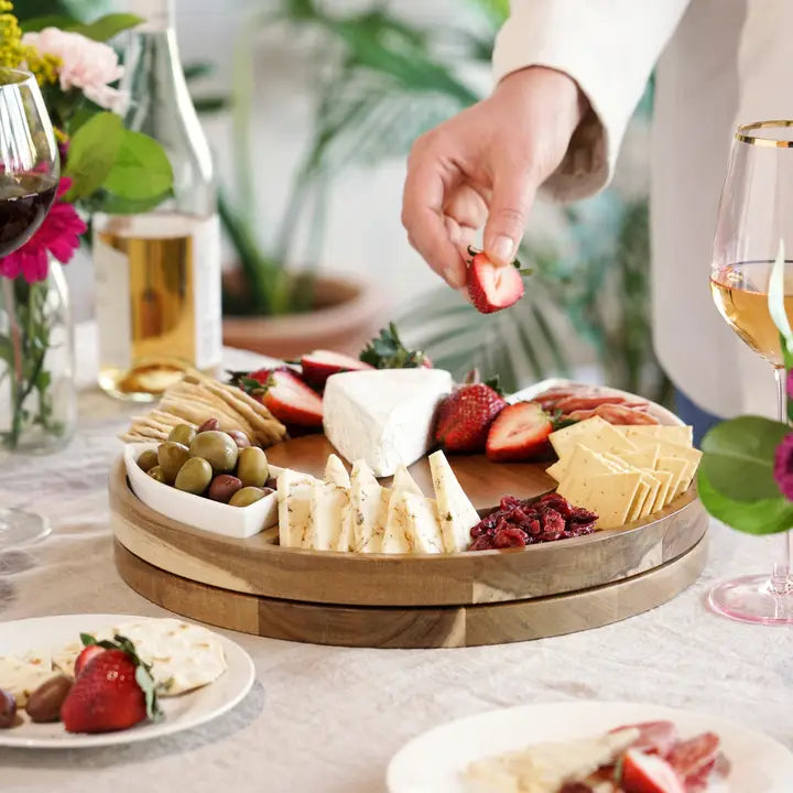 13" Rotating Acacia Charcuterie Board w/ 2 Ceramic Bowls