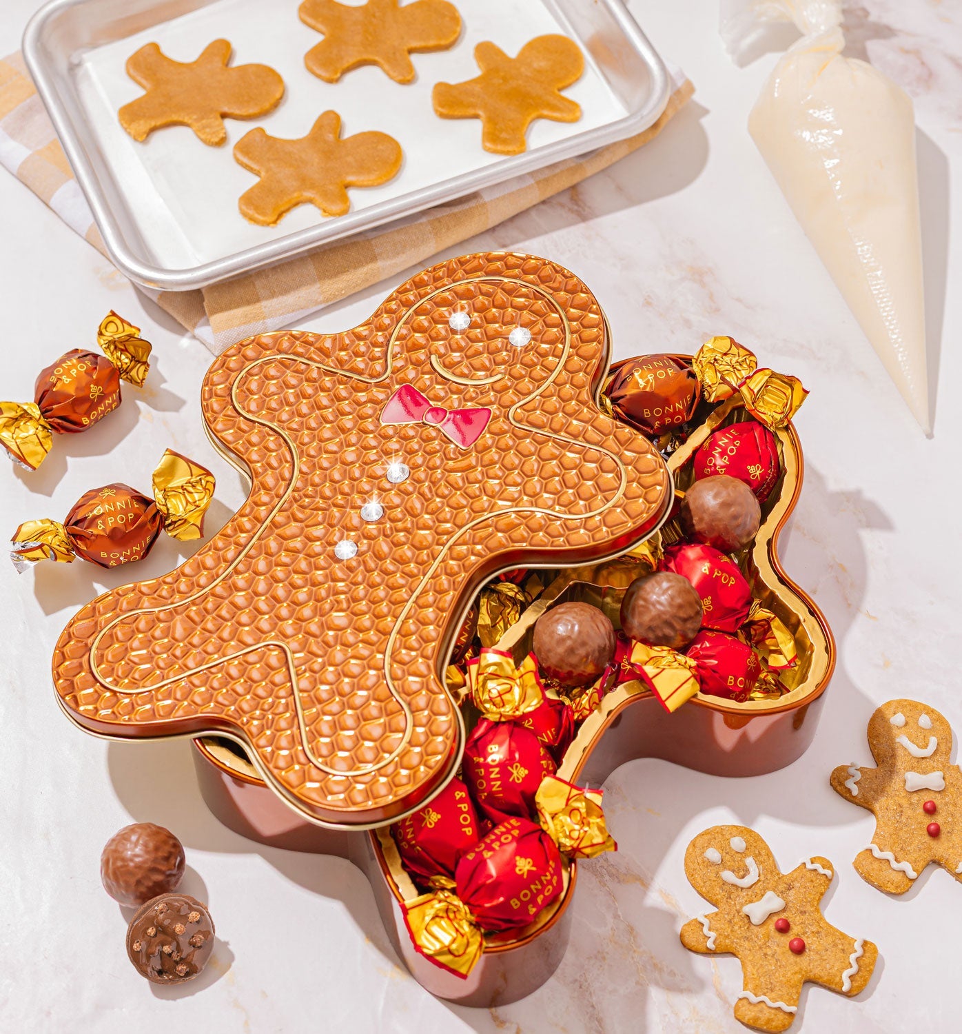 Gold Gingerbread Tin Filled with Festive Red & Gold Bon Bons