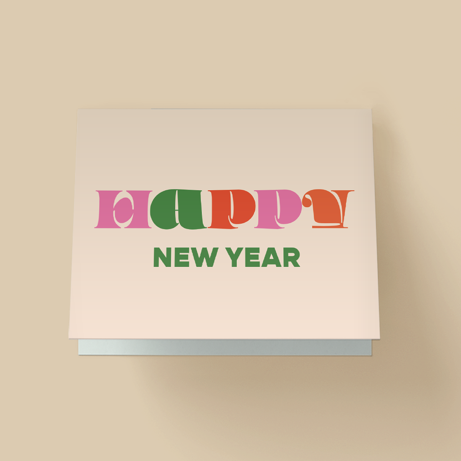 A beige greeting card featuring the word "HAPPY" in large, retro, multi-colored bubble letters across the top, with "NEW YEAR" printed underneath in a dark green sans-serif font.