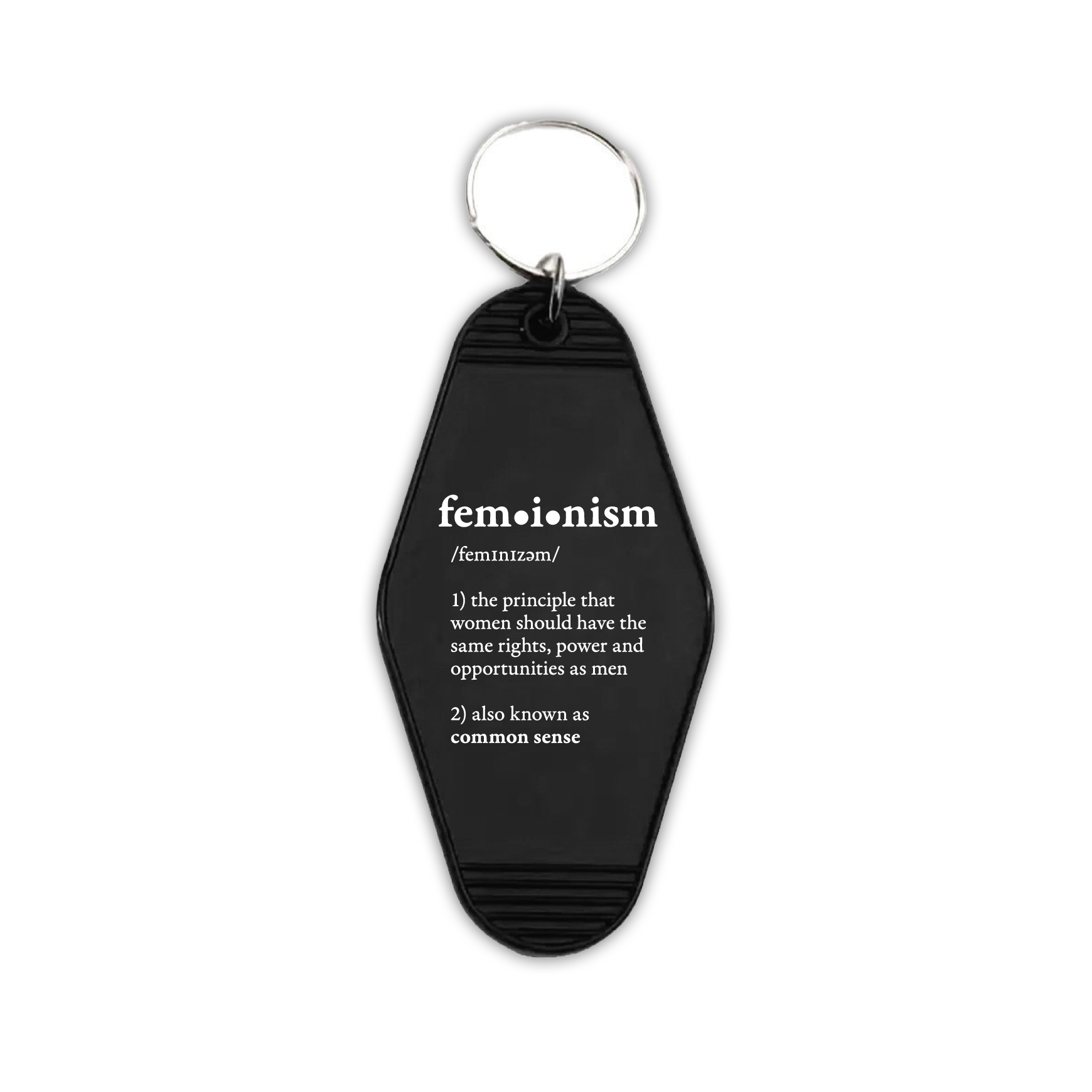 A stylish keychain featuring the definition of feminism, perfect for showcasing empowerment and supporting gender equality with a bold statement accessory.