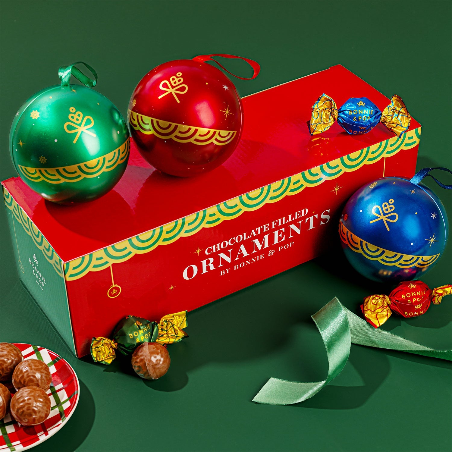 Festive Ornament Tins Filled with Gourmet Chocolate Bon Bons- Set of 3