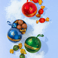 Festive Ornament Tins Filled with Gourmet Chocolate Bon Bons- Set of 3