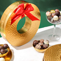 Holiday Gift Basket – Festive Wreath Tin with Assorted Chocolate Truffles
