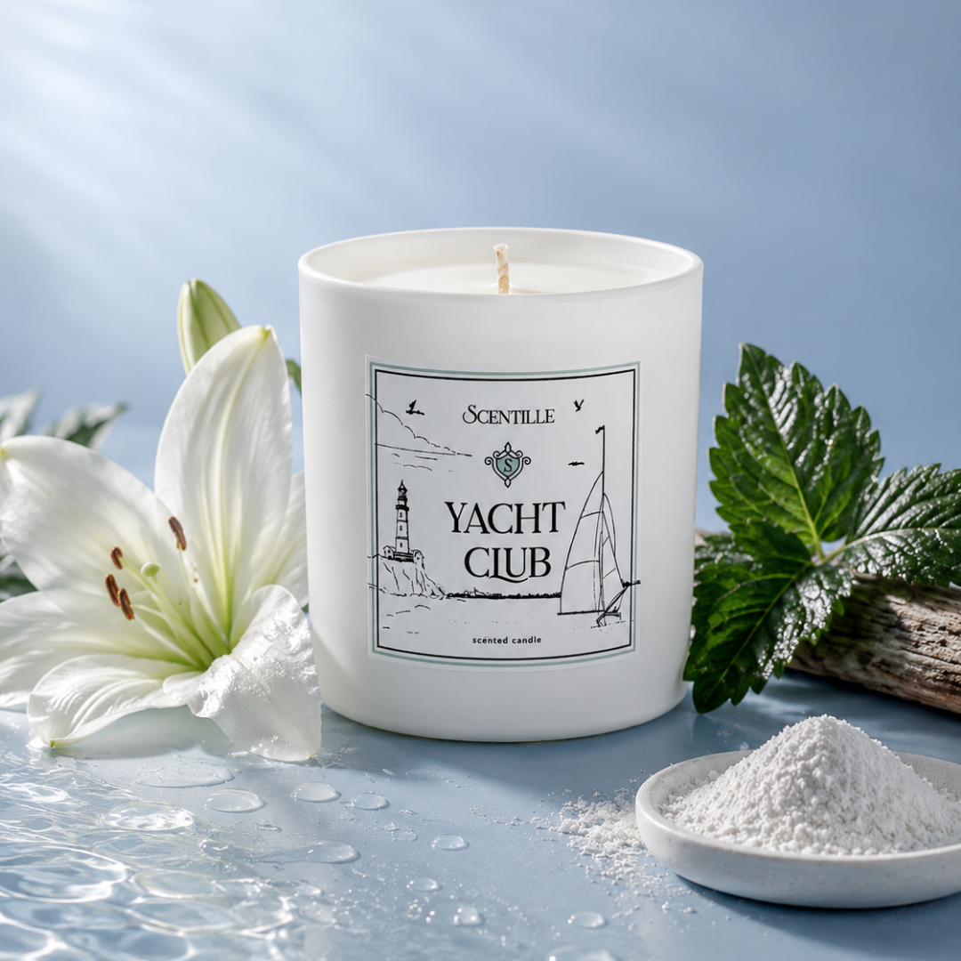 Candle labeled 'Yacht Club' on a blue background